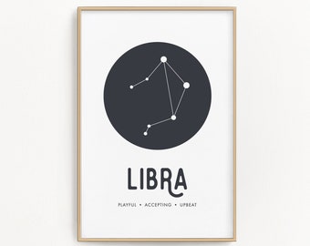 Könnte beinhalten: Ein schwarz-weißes, druckbares Poster mit einem minimalistischen Design, das die Sternzeichenkonstellation Waage und das Wort "LIBRA" in fetten, schwarzen Buchstaben zeigt. Der Text "PLAYFUL • ACCEPTING • UPBEAT" ist in kleineren, schwarzen Buchstaben unter dem Wort "LIBRA" geschrieben.