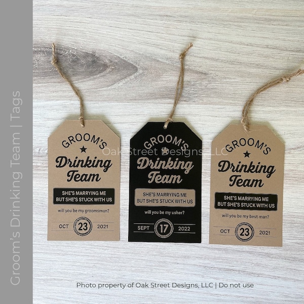 Groom's Drinking Team, Full-size Bottle Tags, Wedding Party Gift Tag, Best Man, Groomsmen, Usher