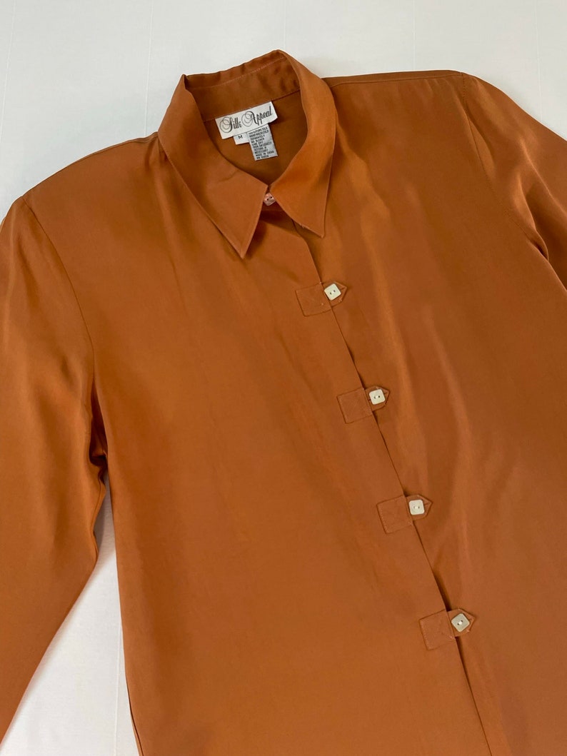 Vintage, 100% SILK, Burnt Orange Blouse Long sleeve, Pure silk evening blouse Size M image 1