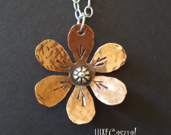 Boho Flower Necklace, Copper and Sterling Silver Necklace, Mixed Metals Hammered Copper Jewelry