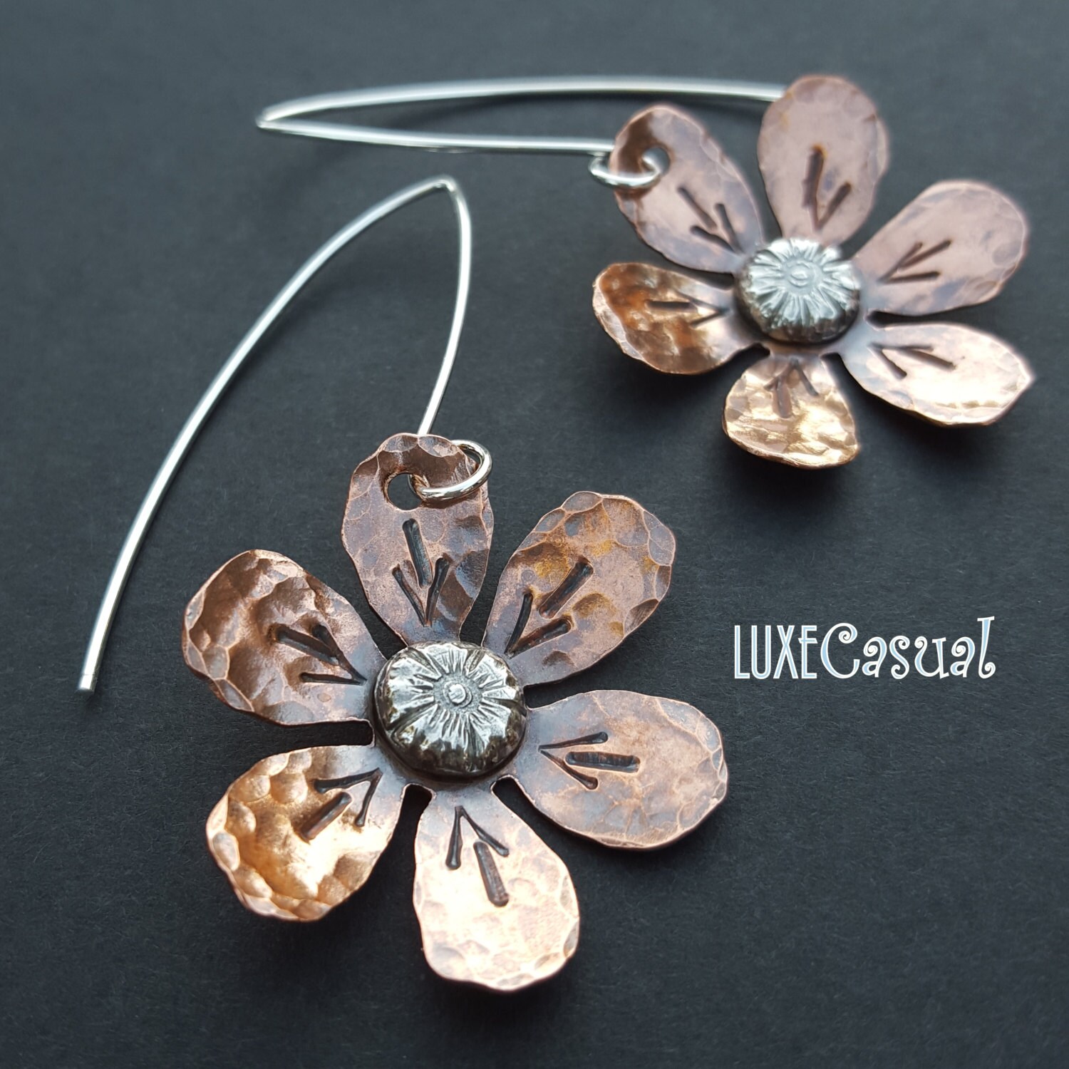 Copper Flower Earrings Mixed Metal Earrings Hammered Copper Etsy