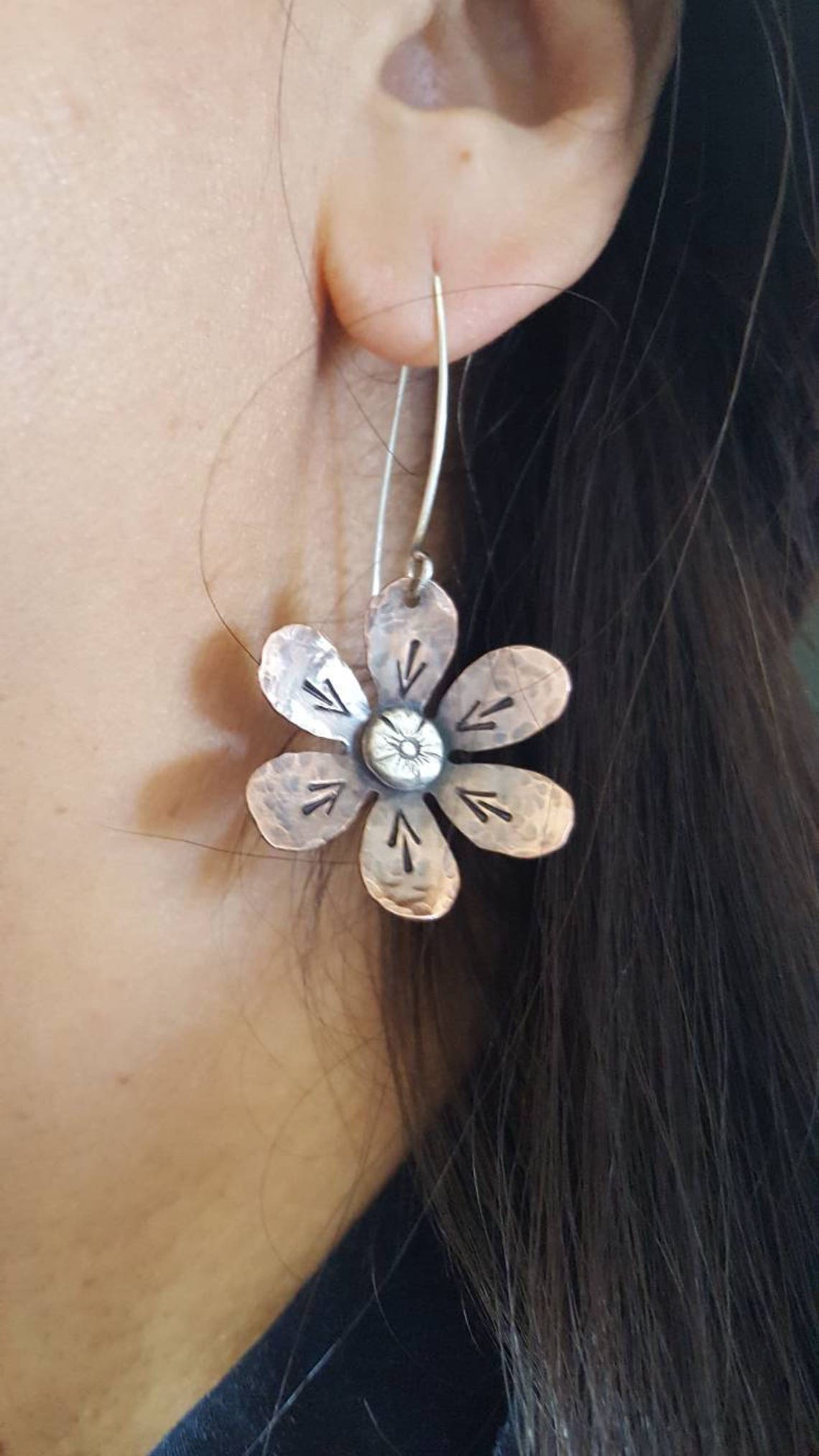Copper Flower Earrings Mixed Metal Earrings Hammered Copper Etsy