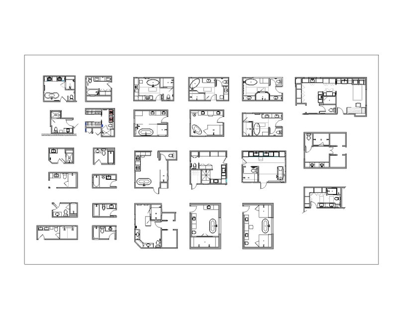 DWG Autocad 2D Bathroom Floor Plan Layouts, Full Bathroom, Hall