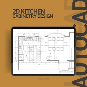 May include: A digital tablet displays a 2D kitchen cabinetry design in black and white. The design includes detailed measurements, a sink, cabinets, and a dining area. The text "2D KITCHEN CABINETRY DESIGN" is at the top, with "@CULIHOME" at the bottom.