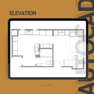 May include: A digital tablet shows a black and white architectural floor plan labelled "ELEVATION". The plan includes a kitchen, bathroom, and living area layout. The word "AUTOCAD" is partially visible. The handle @CULIHOME is at the bottom.