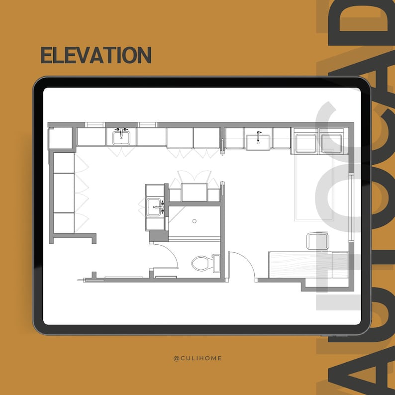May include: A digital tablet shows a black and white architectural floor plan labelled "ELEVATION". The plan includes a kitchen, bathroom, and living area layout. The word "AUTOCAD" is partially visible. The handle @CULIHOME is at the bottom.