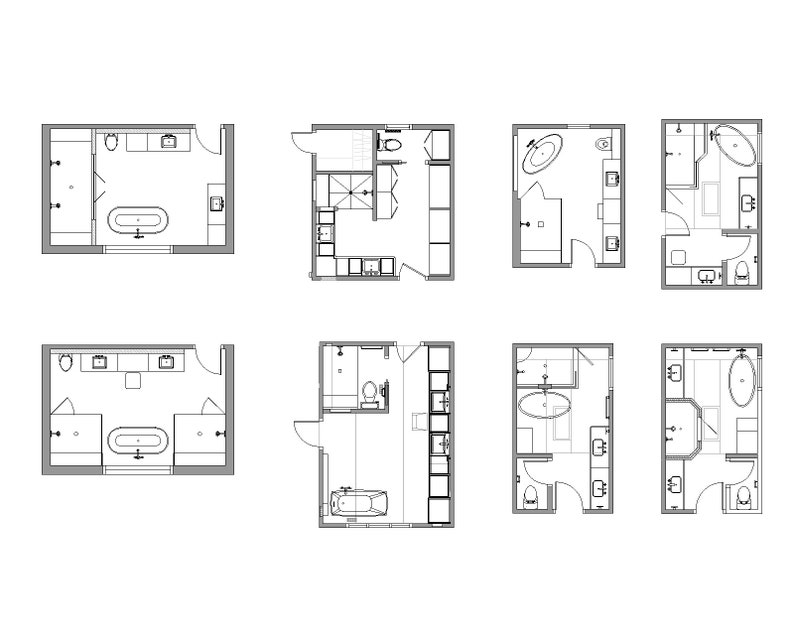 DWG Autocad 2D Bathroom Floor Plan Layouts, Full Bathroom, Hall