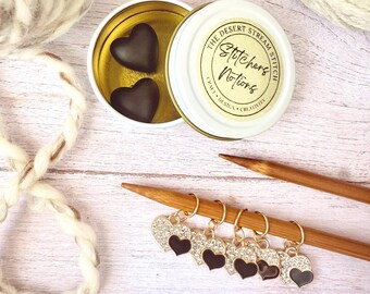 Black Heart Sparkle Knitting Stitchers Notions Set, Stitch Markers and Stitch Stoppers, Progress keepers for Knitting