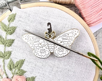 White Moth Needle Minder Needle Threader Magnetic for Cross Stitch, Embroidery Darning Sewing needle keeper.