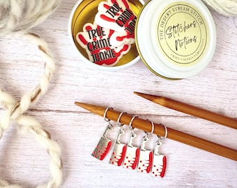 True Crime Junkie Stitchers Knitting Notions Set, Stitch Markers and Stitch Stoppers, Progress keepers for Knitting