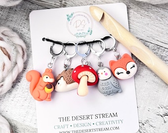 Woodland Forrest Stitch Markers, Cottagecore Stitch Markers, Set of 5 Progress Keepers, Crochet tools, Knitting tools, gift for mom