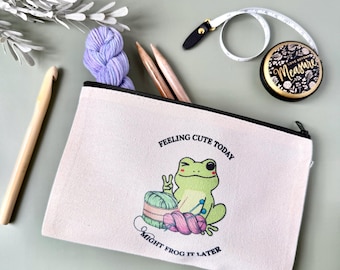 Frog It Project Zip Bag, Knitting Bag, Crochet Bag, Yarn Bag, Canvas Zip Bag Pouch