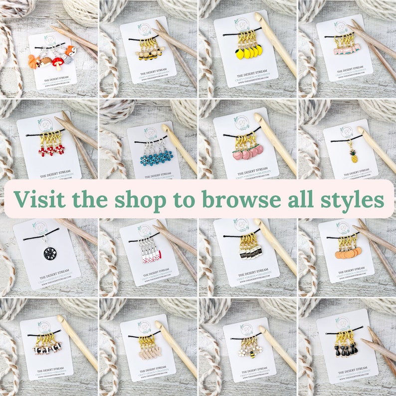 May include: A collection of colorful stitch markers for knitting and crochet, featuring various charms like fruits, animals, and geometric shapes. Each set is displayed on a card with the shop's logo and the text "Visit the shop to browse all styles."