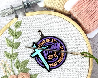 Pray Over It Minder Needle Threader Magnetic for Cross Stitch, Embroidery Darning Sewing needle keeper.