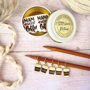Mama Needs Coffee Stitchers Knitting Notions Set, Stitch Markers and Stitch Stoppers, Progress keepers for Knitting