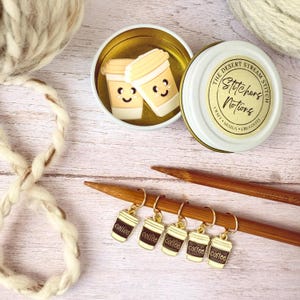 Coffee Stitchers Knitting Notions Set, Stitch Markers and Stitch Stoppers, Progress keepers for Knitting