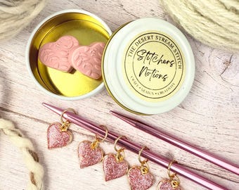 Embossed Sparkle Heart Stitchers Knitting Notions Set, Stitch Markers and Stitch Stoppers, Progress keepers for Knitting