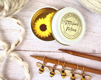 Sunflower Bee Stitchers Knitting Notions Set, Stitch Markers and Stitch Stoppers, Progress keepers for Knitting
