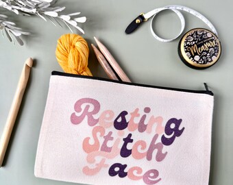 Resting Stitch Face Notions Project Zip Bag, Knitting Bag, Crochet Bag, Yarn Bag, Canvas Zip Bag Pouch