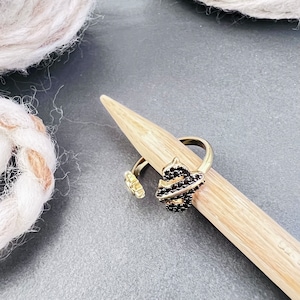 Cactus Tension Ring Black CZ 18K Gold Adjustable for knitting or Crochet