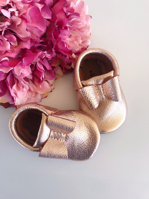 rose gold baby moccasins