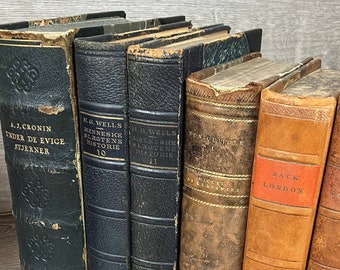 6 Antique Danish Leatherbound Books - Ornately Decorated, Book Set Decor for Interior Design - Vintage Books from Denmark