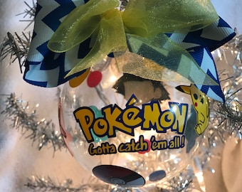 Custom Hand Decorated 4" Pokémon inspired Christmas ornament Ash Ketchum Pikachu Squirtle