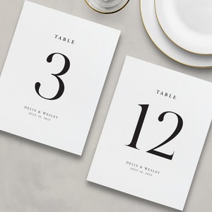 May include: Two white table number cards with black text. The first card has the number "3" and the second card has the number "12". Both cards have the text "TABLE" and "DELIA & WESLEY JULY 10, 2022".