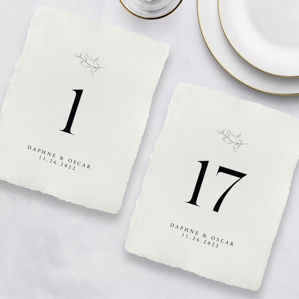 Printed Off-White handmade paper Table Numbers, Simple Table Number Cards, Wedding Table Numbers, Reception Table Numbers - Daphne