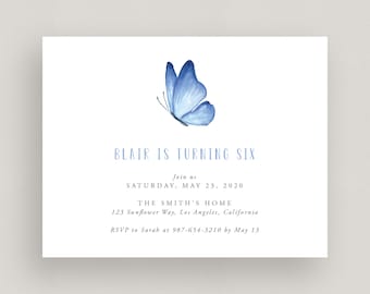 Blue Butterfly Birthday Invitation, Butterfly invitation, Printable Spring party invitation, Digital File