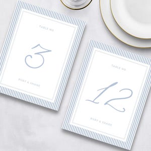 May include: Two wedding table number cards with blue striped borders and elegant script numbers. The cards are white with the text "TABLE NO." and the names "RUBY & SHANE". A glass and a plate with a gold rim are also visible.