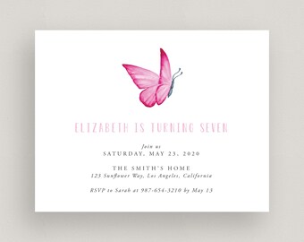 Pink Butterfly Birthday Invitation, Butterfly invitation, Printable Spring party invitation, Digital File