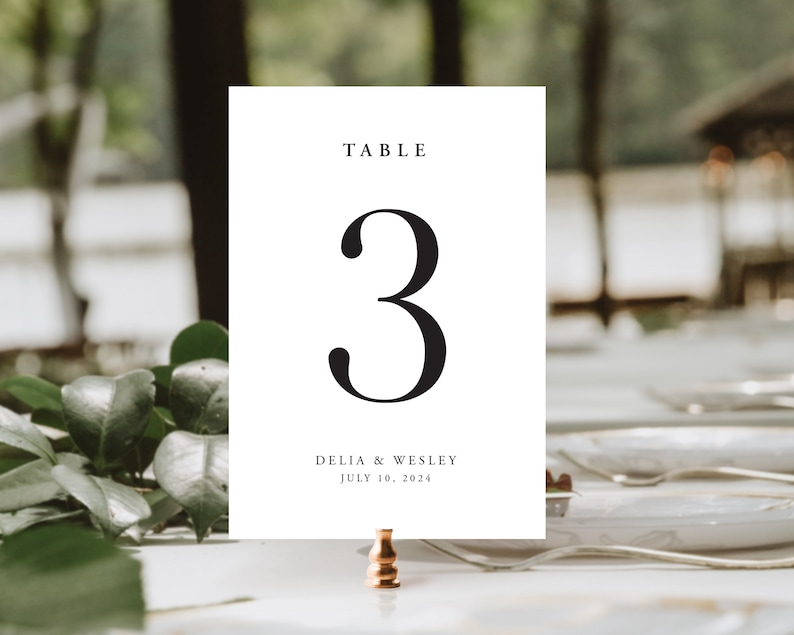 May include: White table number card with black text. The card reads "Table 3" and "Delia & Wesley July 10, 2024".