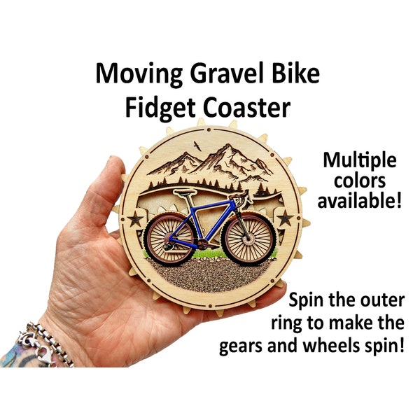 Moving Gravel Bike Fidget Drink Coaster / Cyclocross CX Bicycle Gift or Kinetic Desk toy - Spin the ring to make the wheels spin!