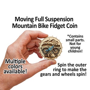Small Moving Full Suspension Mountain Bike Bicycle Fidget Coin - Miniature Kinetic Gift - Spin the ring to make the wheels spin!