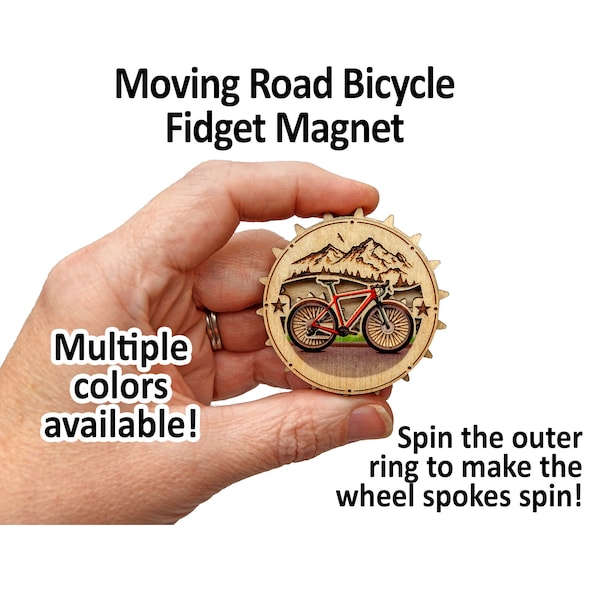 Small Moving Road Bike/Bicycle Fidget Magnet / Miniature Kinetic Desk toy - Spin the ring to make the wheels spin!