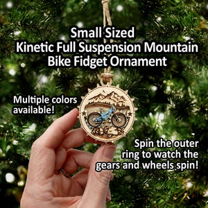 Small Kinetic Full Suspension Mountain Bike Fidget Ornament / Kinetic Christmas or Holiday Gift - Spin the ring to make the wheels spin!