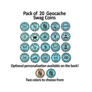 May include: A set of 20 circular light blue wooden geocache swag coins featuring various black printed designs and text related to geocaching. The collection includes phrases like Will Hike For Cache, Geocaching is my therapy, and Tupperware Hunter.
