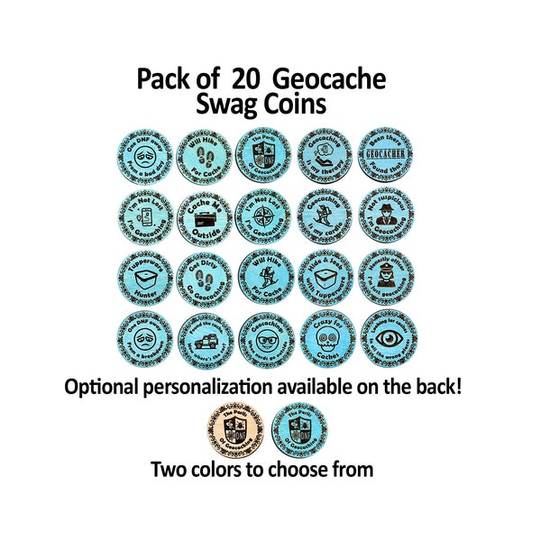 Pack of 20 Funny Wooden Geochaching Coins / Tokens - Geocache swag - Optional Custom Personalization Available