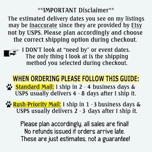 May include: The text is a disclaimer about estimated delivery dates, shipping options, and order policies. It includes information about standard and priority mail shipping times.
