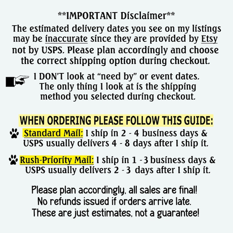 May include: The text is a disclaimer about estimated delivery dates, shipping options, and order policies. It includes information about standard and priority mail shipping times.