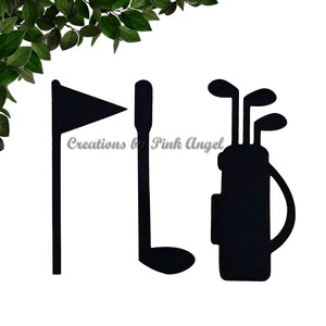 This image showcases golf paper cutouts. These golf cutouts include: golf flag, golf club and a golf bag.

The golf cutouts are made from black cardstock. These golf cutouts are great for events, party decorations, and scrapbooking.