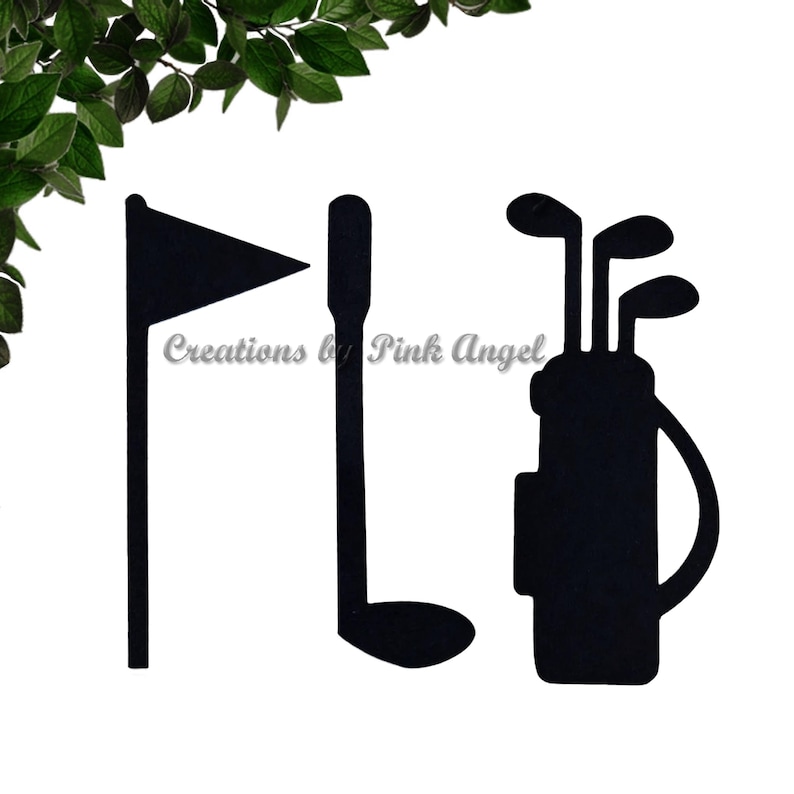 This image showcases golf paper cutouts. These golf cutouts include: golf flag, golf club and a golf bag.

The golf cutouts are made from black cardstock. These golf cutouts are great for events, party decorations, and scrapbooking.