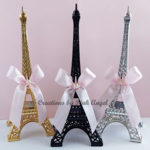 10" Paris Eiffel Tower Centerpiece With Bow Decoration for Baby Shower or Paris Birthday, 1 Tower Included