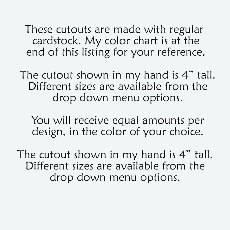 Image shows: Information regarding the listing shown such as materials, size and/or quantities included.