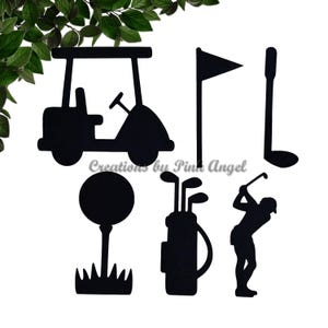 This image showcases golf paper cutouts. These golf cutouts include: golf cart, golf flag, golf club, golf ball on tee, golf bag, and a golfer.

The golf cutouts are made with black cardstock. These golf cutouts are great for events, golf birthdays, golf celebrations. party decorations, and scrapbooking.