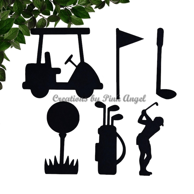 This image showcases golf paper cutouts. These golf cutouts include: golf cart, golf flag, golf club, golf ball on tee, golf bag, and a golfer.

The golf cutouts are made with black cardstock. These golf cutouts are great for events, golf birthdays, golf celebrations. party decorations, and scrapbooking.