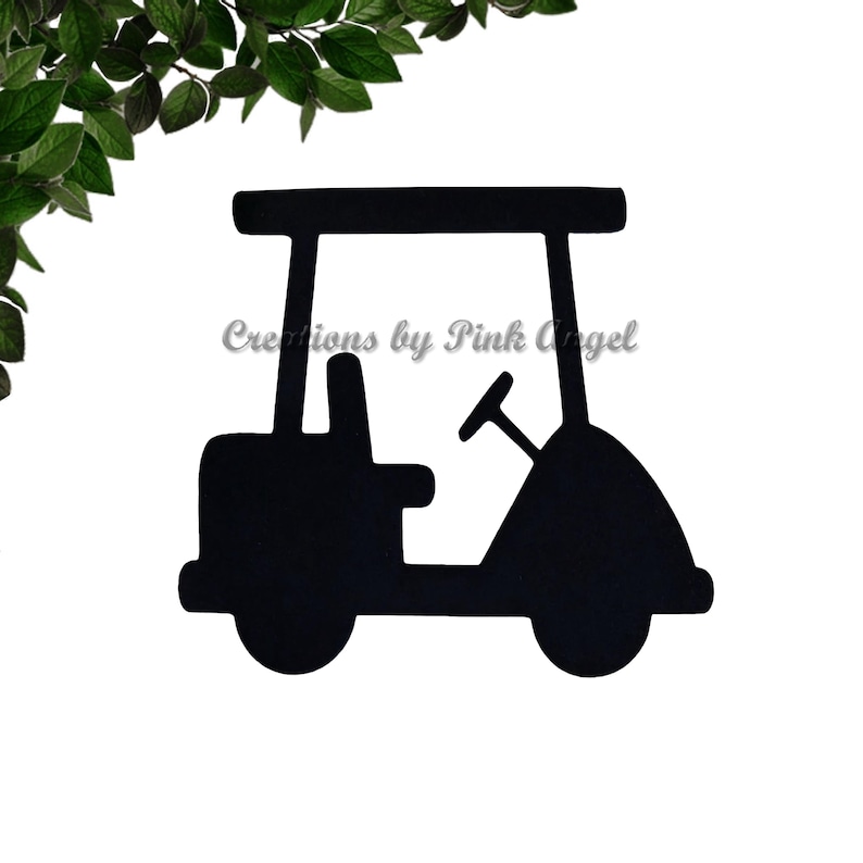 This image showcases a golf cart paper cutout.  The golf cart cutout is made from black cardstock. These golf cutouts are great for events, party decorations, and scrapbooking.