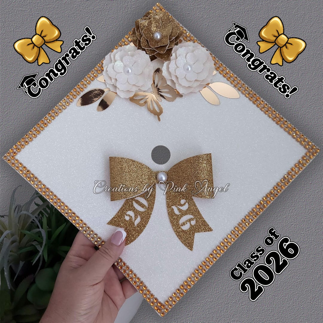 Graduation Cap Topper With Bow, Gold and White Class of 2026 Graduation ...