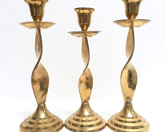 Vintage brass twisted candle holders, set of 3 | complementary candlestick holders | brass taper holders | flat twist design | golden brass